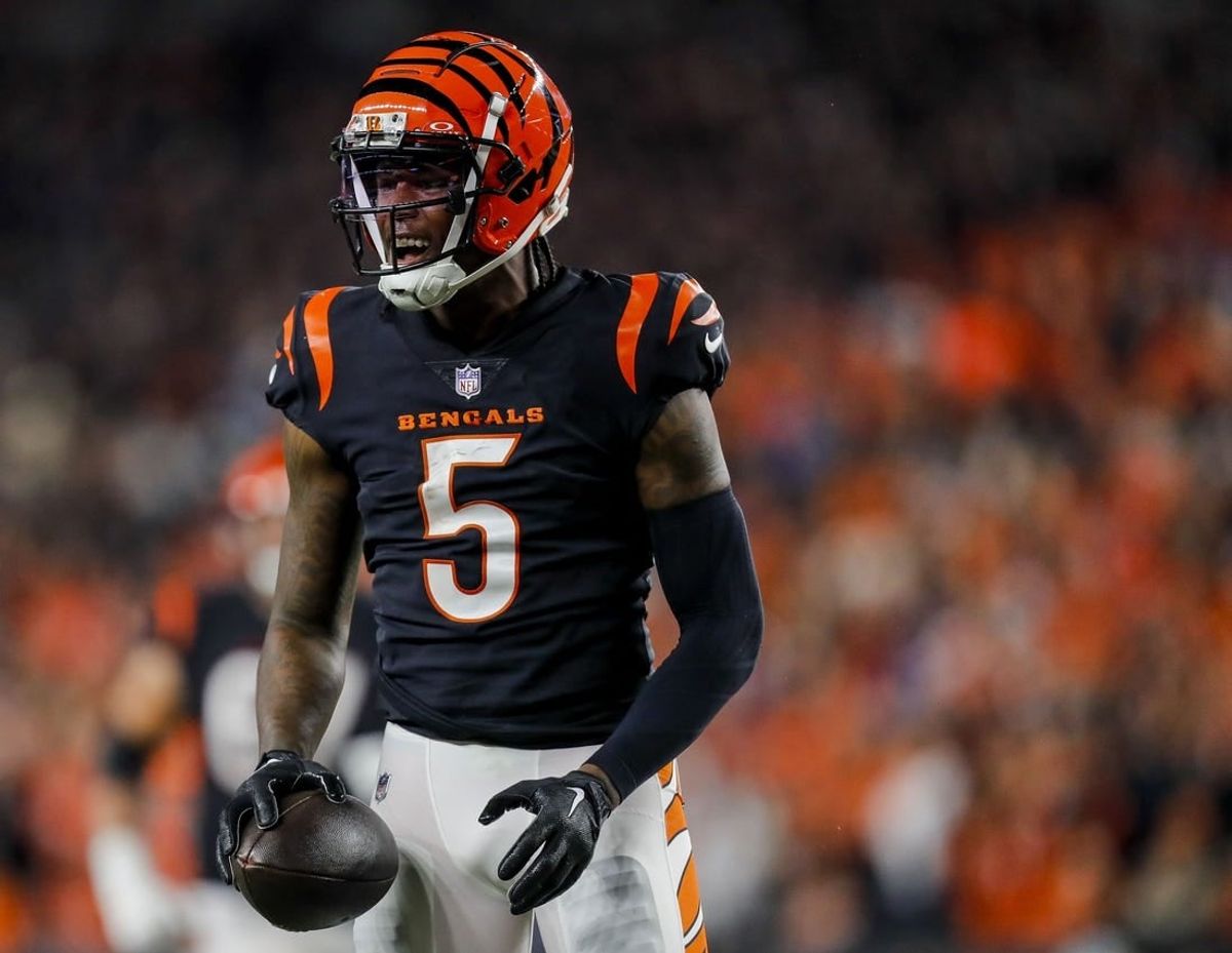 Nov 5, 2023; Cincinnati, Ohio, USA; Cincinnati Bengals wide receiver Tee Higgins (5) reacts after advancing the ball against the Buffalo Bills in the second half at Paycor Stadium.