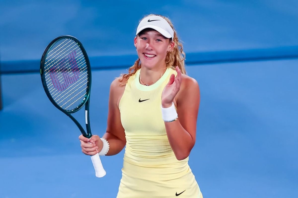 17 Jan, 2024; Melbourne, Victoria, Australia; Mirra Andreeva of Russia celebrates her win against Ons Jabeur (not pictured) of Tunisia in Round 2 of the Women's Singles on Day 4 of the Australian Open tennis at Rod Laver Arena.