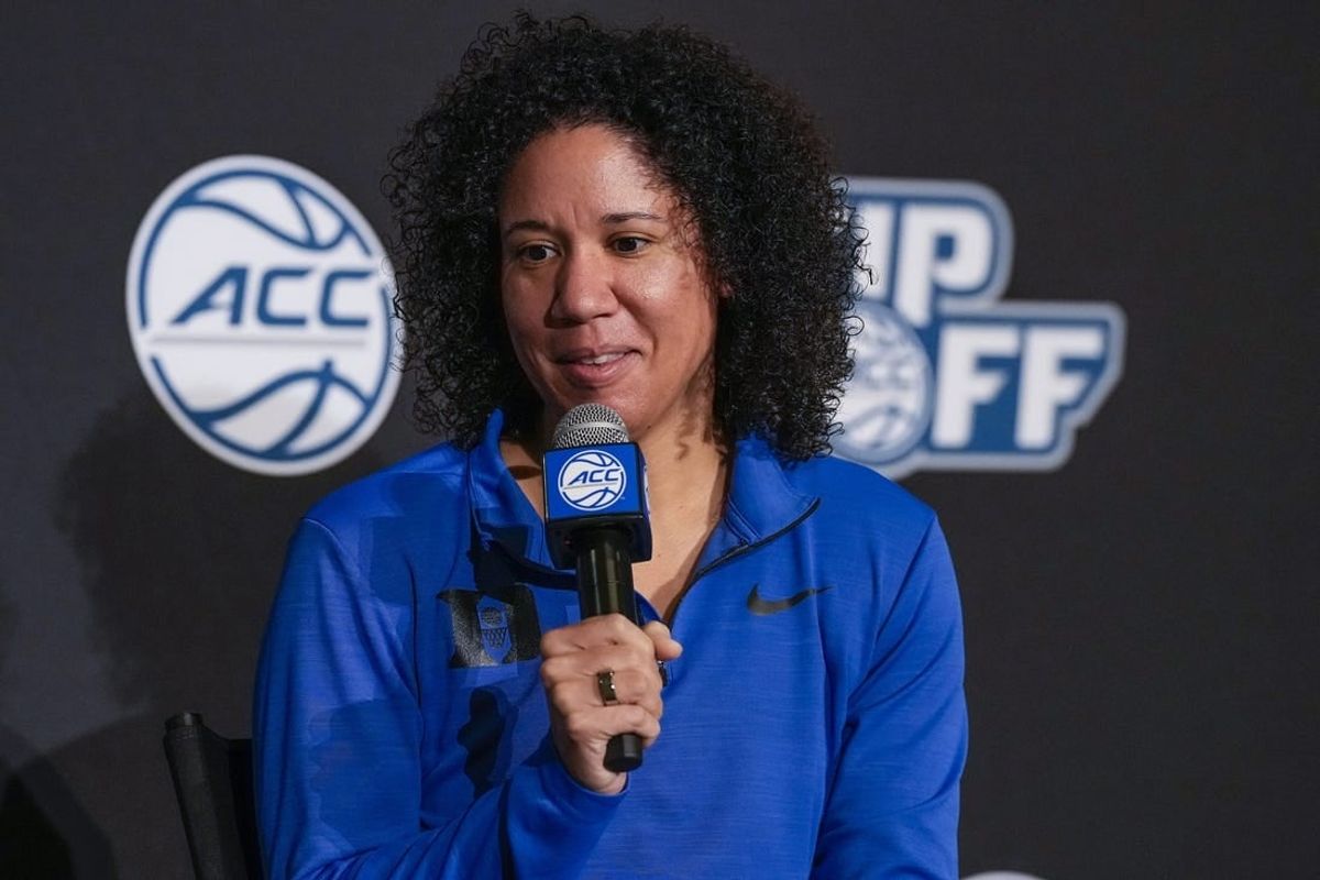 Oct 13, 2021; Charlotte, NC, USA; Duke Blue Devils head coach Kara Lawson during the ACC Tip Off at Charlotte Marriott City Center.