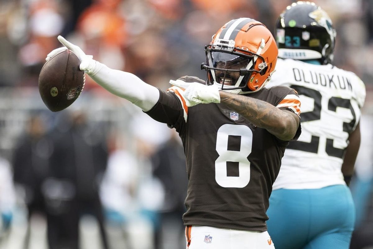 Dec 10, 2023; Cleveland, Ohio, USA; Cleveland Browns wide receiver Elijah Moore (8) celebrates his first down run against the Jacksonville Jaguars during the second quarter at Cleveland Browns Stadium.