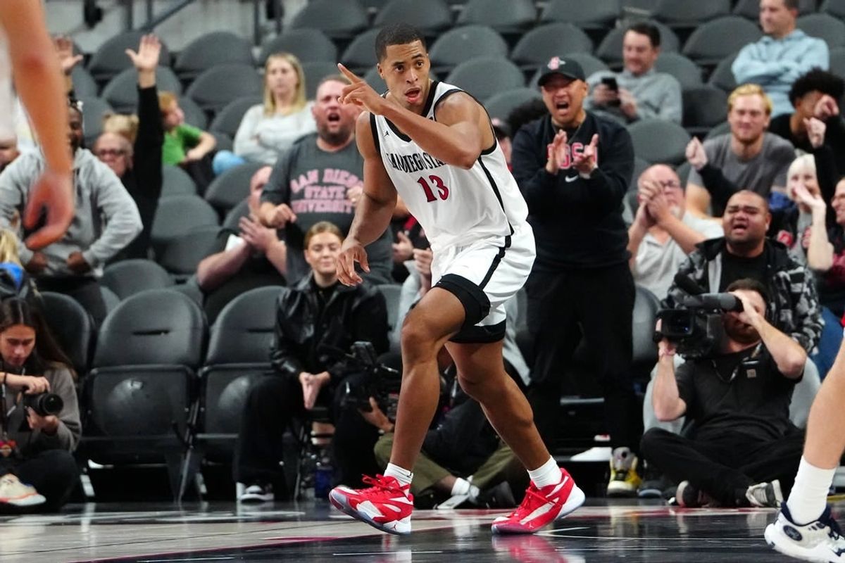 Nov 17, 2023; Las Vegas, NV, USA; San Diego State Aztecs forward Jaedon LeDee (13) celebrates after scoring against the Saint Mary's Gaels during the second half at T-Mobile Arena.