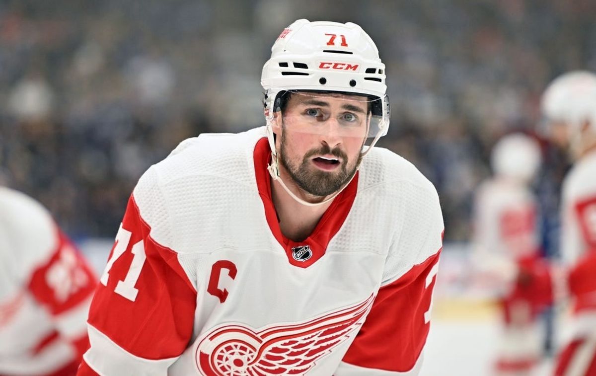 Jan 14, 2024; Toronto, Ontario, CAN;  Detroit Red Wings forward Dylan Larkin (71) prepares to take a faceoff against the Toronto Maple Leafs in the second period at Scotiabank Arena.