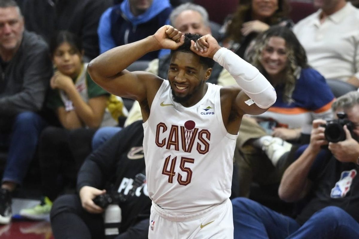 Jan 15, 2024; Cleveland, Ohio, USA; Cleveland Cavaliers guard Donovan Mitchell (45) reacts in the fourth quarter against the Chicago Bulls at Rocket Mortgage FieldHouse.