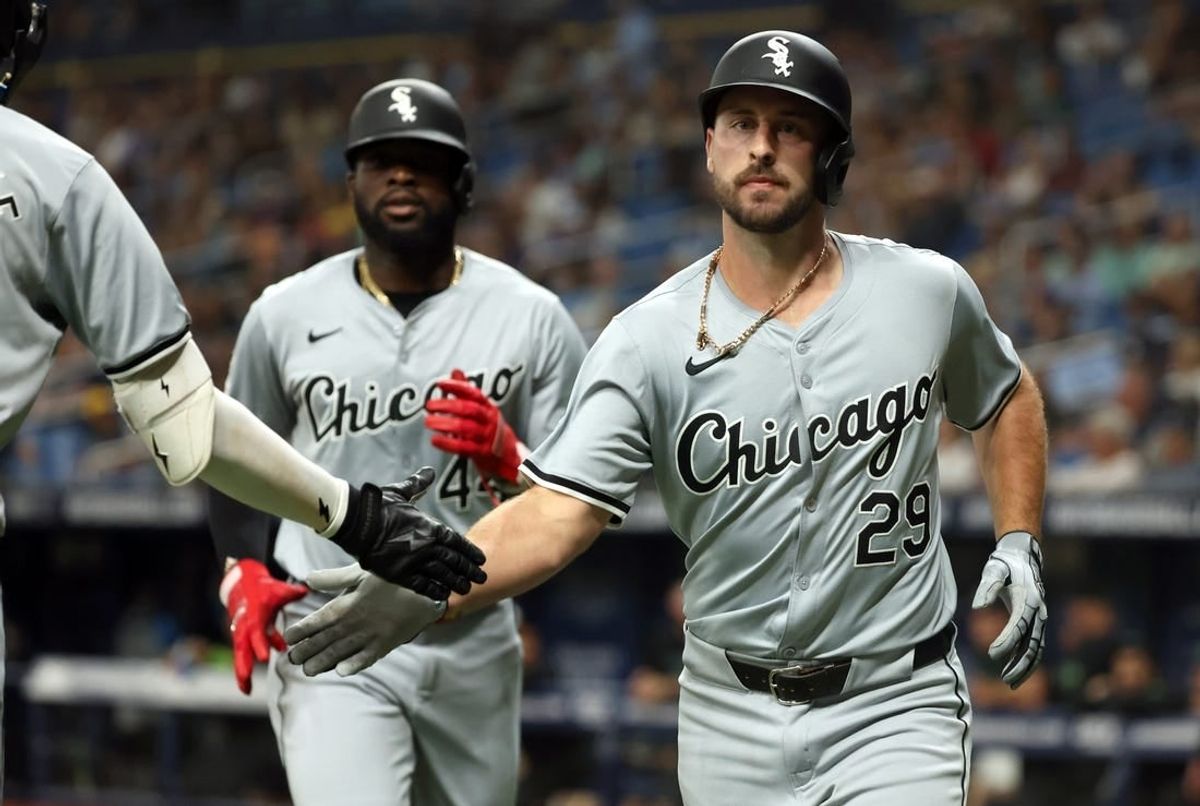 May 8, 2024; St. Petersburg, Florida, USA; Chicago White Sox shortstop Paul DeJong (29) is congratulated by third base Bryan Ramos (44) and teammates after he hit a 2-run home run against the Tampa Bay Rays during the fifth inning at Tropicana Field.