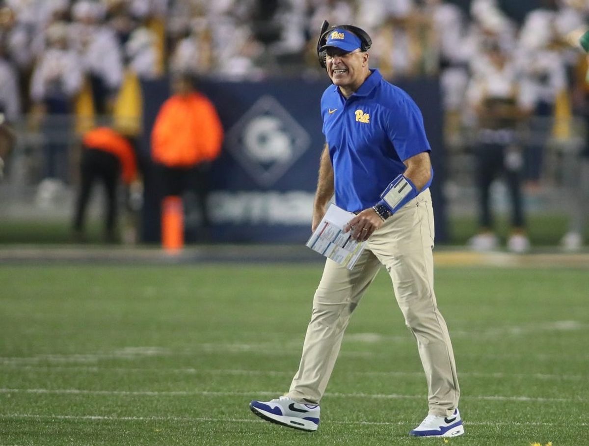 Pittsburgh Panthers head coach Pat Narduzzi erupts after an interception during the second half against the West Virginia Mountaineers at Milan Puskar Stadium in Morgantown, WV on September 16, 2023.