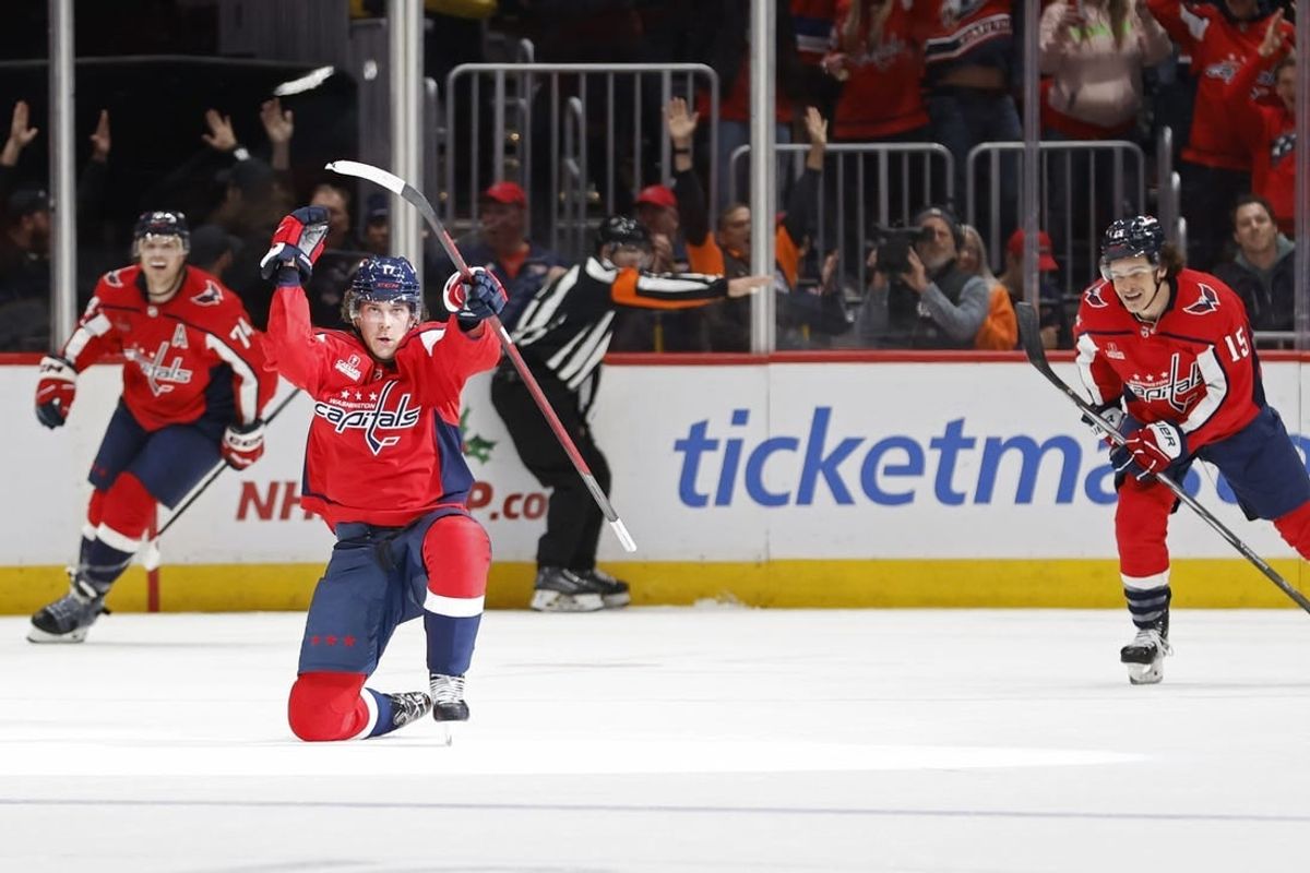 Nov 22, 2023; Washington, District of Columbia, USA; Washington Capitals center Dylan Strome (17) celebrates after scoring the game winning goal in overtime against the Buffalo Sabres at Capital One Arena.