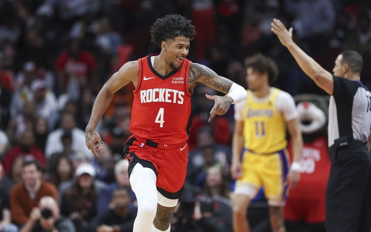 Jan 29, 2024; Houston, Texas, USA; Houston Rockets guard Jalen Green (4) celebrates after scoring a basket during the third quarter against the Los Angeles Lakers at Toyota Center.