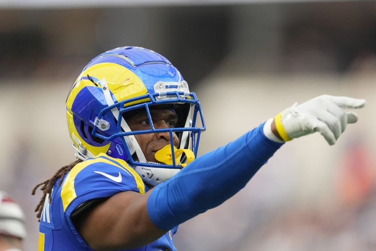 Dec 17, 2023; Inglewood, California, USA; Los Angeles Rams wide receiver Demarcus Robinson (15) gestures after a first down against the Washington Commanders in the first half at SoFi Stadium.