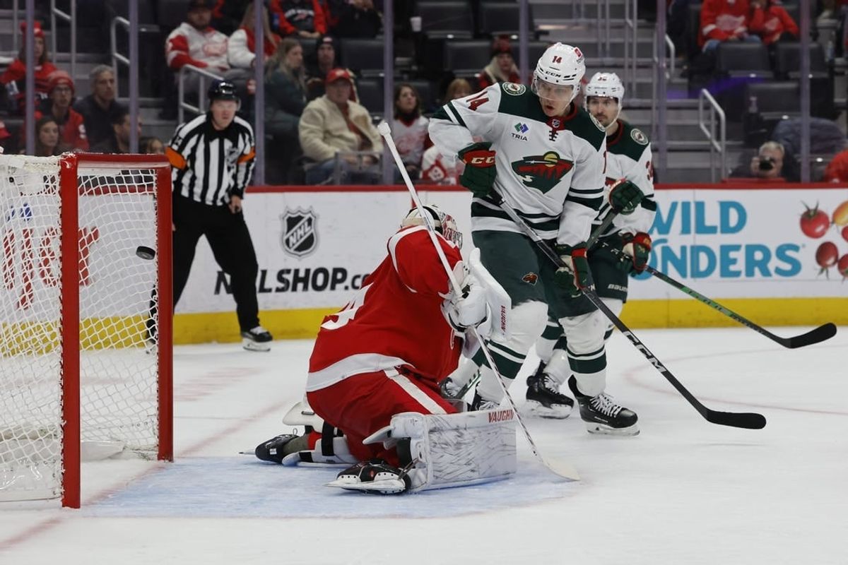 Nov 26, 2023; Detroit, Michigan, USA;  Minnesota Wild center Joel Eriksson Ek (14) scores a goal on Detroit Red Wings goaltender Alex Lyon (34) in the first period at Little Caesars Arena.