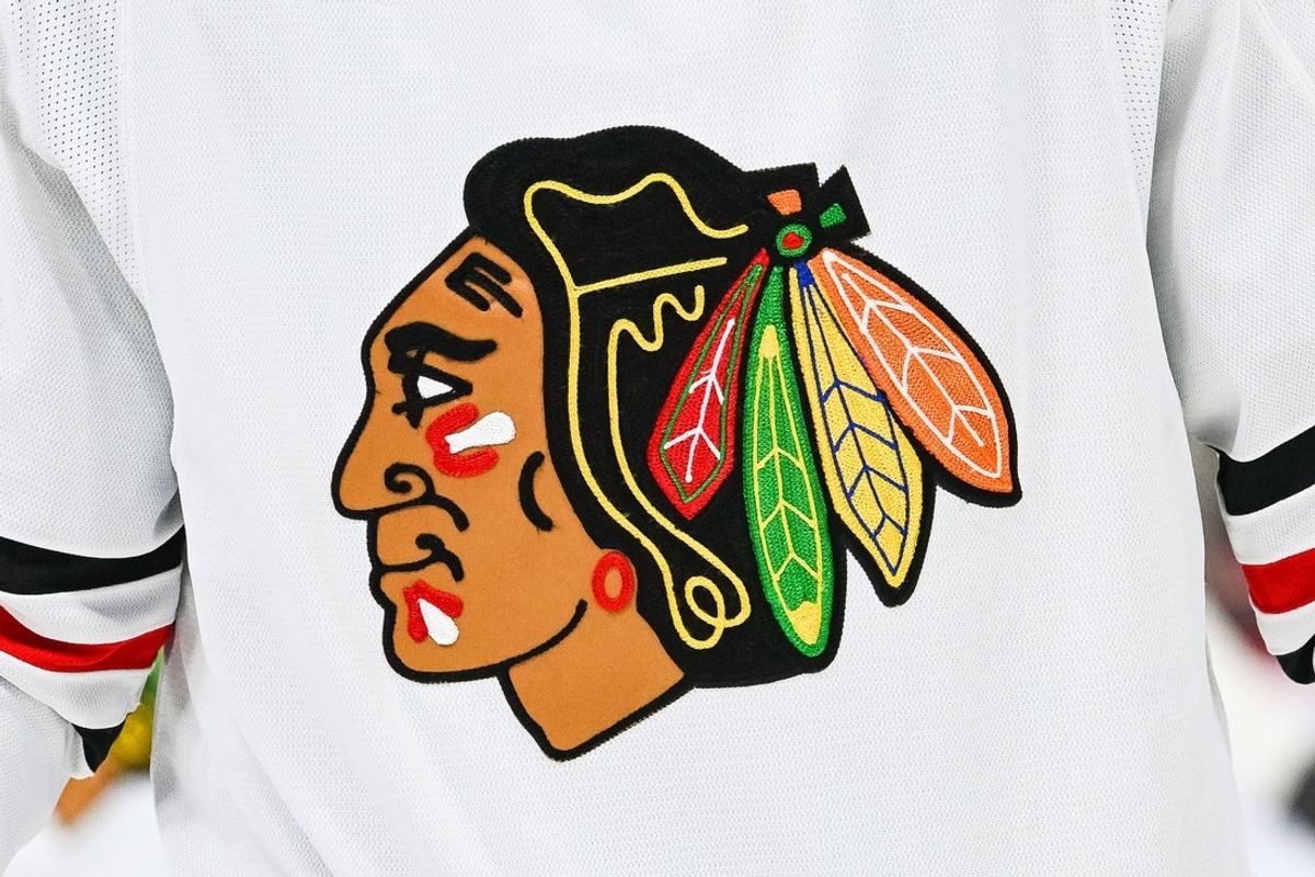 Feb 14, 2023; Montreal, Quebec, CAN; View of a Chicago Blackhawks logo on a jersey worn by a member of the team against the Montreal Canadiens during the third period at Bell Centre. Mandatory Credit: David Kirouac-Imagn Images