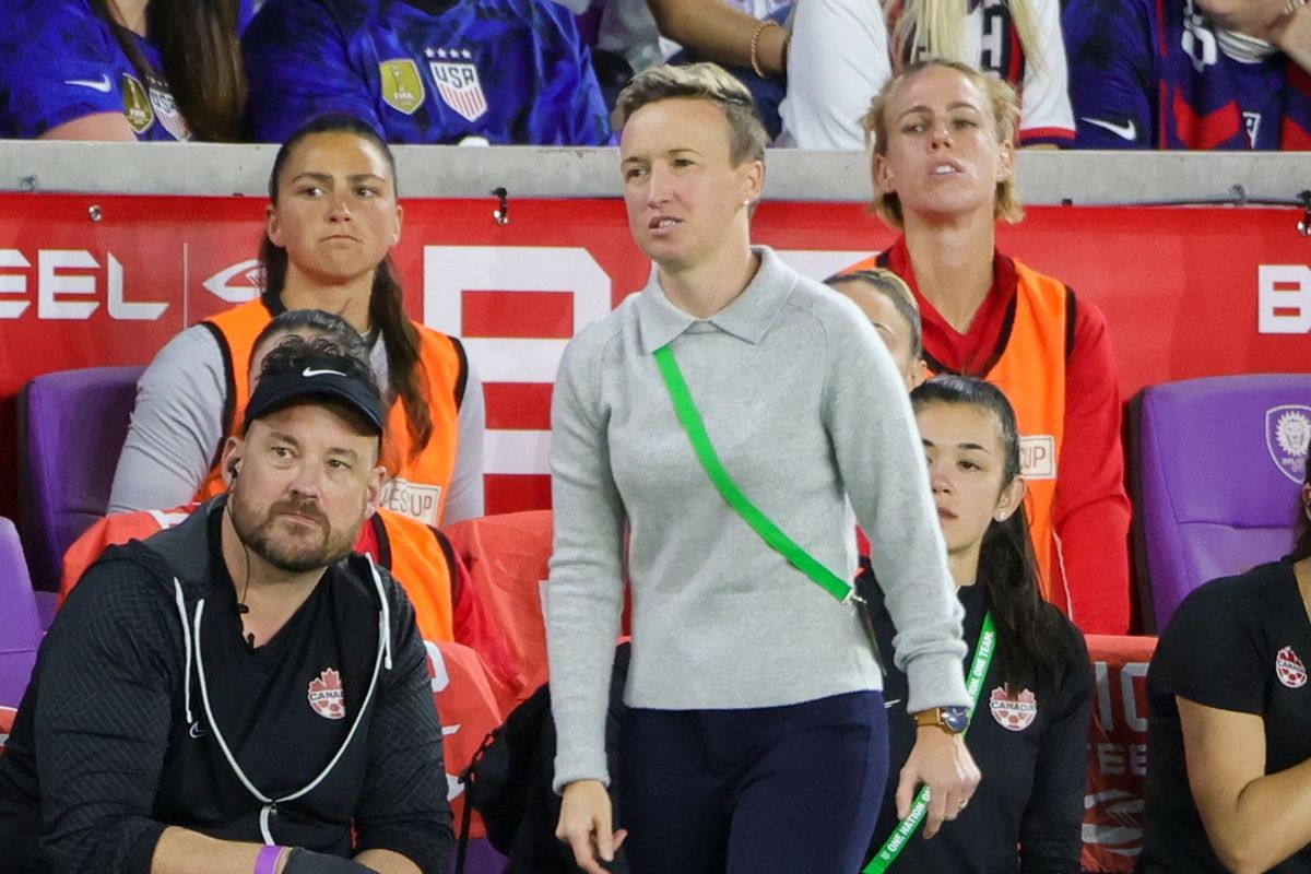 Feb 16, 2023; Orlando, Florida, USA; Canada head coach Bev Priestman looks on during the second half against the USA at Exploria Stadium. Mandatory Credit: Mike Watters-USA TODAY Sports