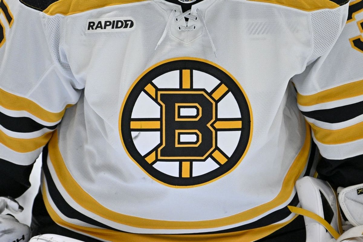 Feb 14, 2023; Dallas, Texas, USA; A view of the Boston Bruins logo during the game between the Dallas Stars and the Boston Bruins at American Airlines Center. Mandatory Credit: Jerome Miron-Imagn Images