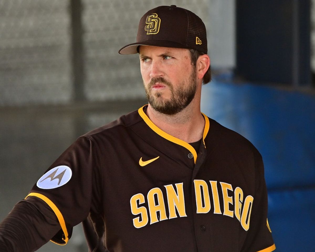 Feb 17, 2023; Glendale, AZ, USA;  San Diego Padres starting pitcher Drew Pomeranz (15) looks on during a Spring Training workout at Peoria Sports Complex. Mandatory Credit: Matt Kartozian-Imagn Images