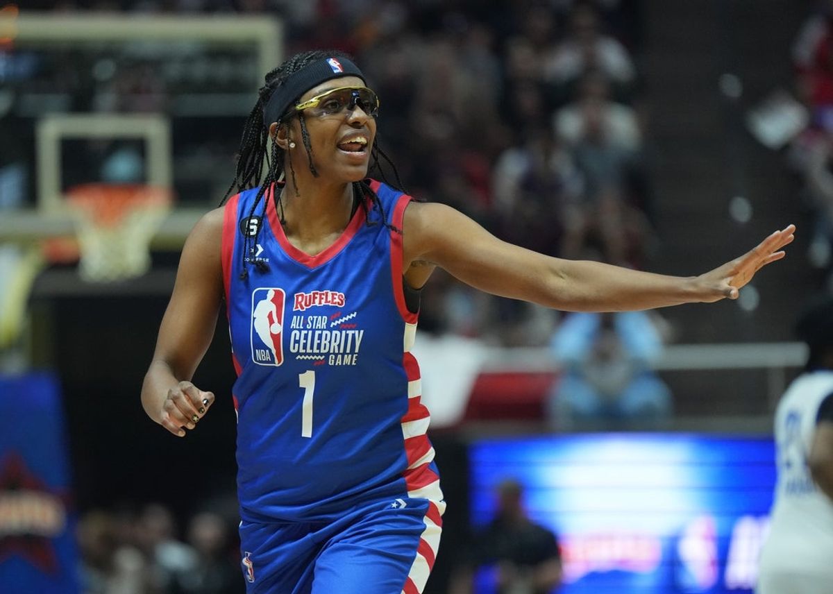Feb 17, 2023; Salt Lake City, Utah, USA; Diamond DeShields (1) reacts in the 2023 NBA All Star celebrity game at Huntsman Center. Mandatory Credit: Kirby Lee-Imagn Images