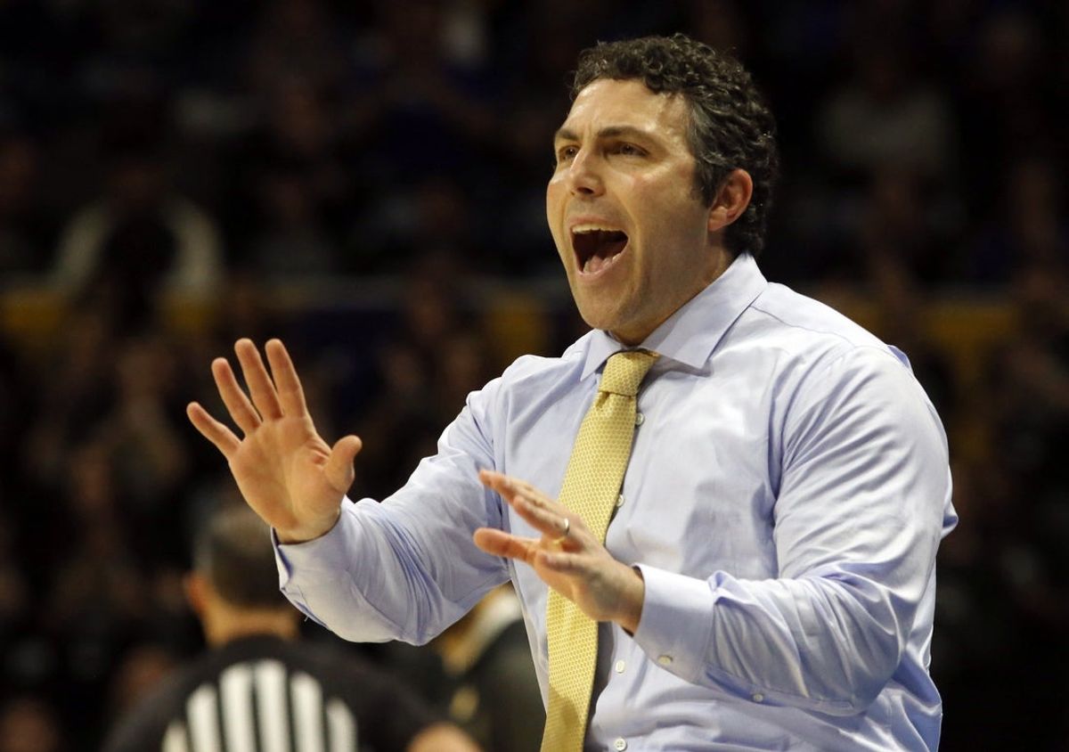 Feb 21, 2023; Pittsburgh, Pennsylvania, USA;  Georgia Tech Yellow Jackets head coach Josh Pastner reacts on the sidelines against the Pittsburgh Panthers during the first half at the Petersen Events Center. Mandatory Credit: Charles LeClaire-Imagn Images
