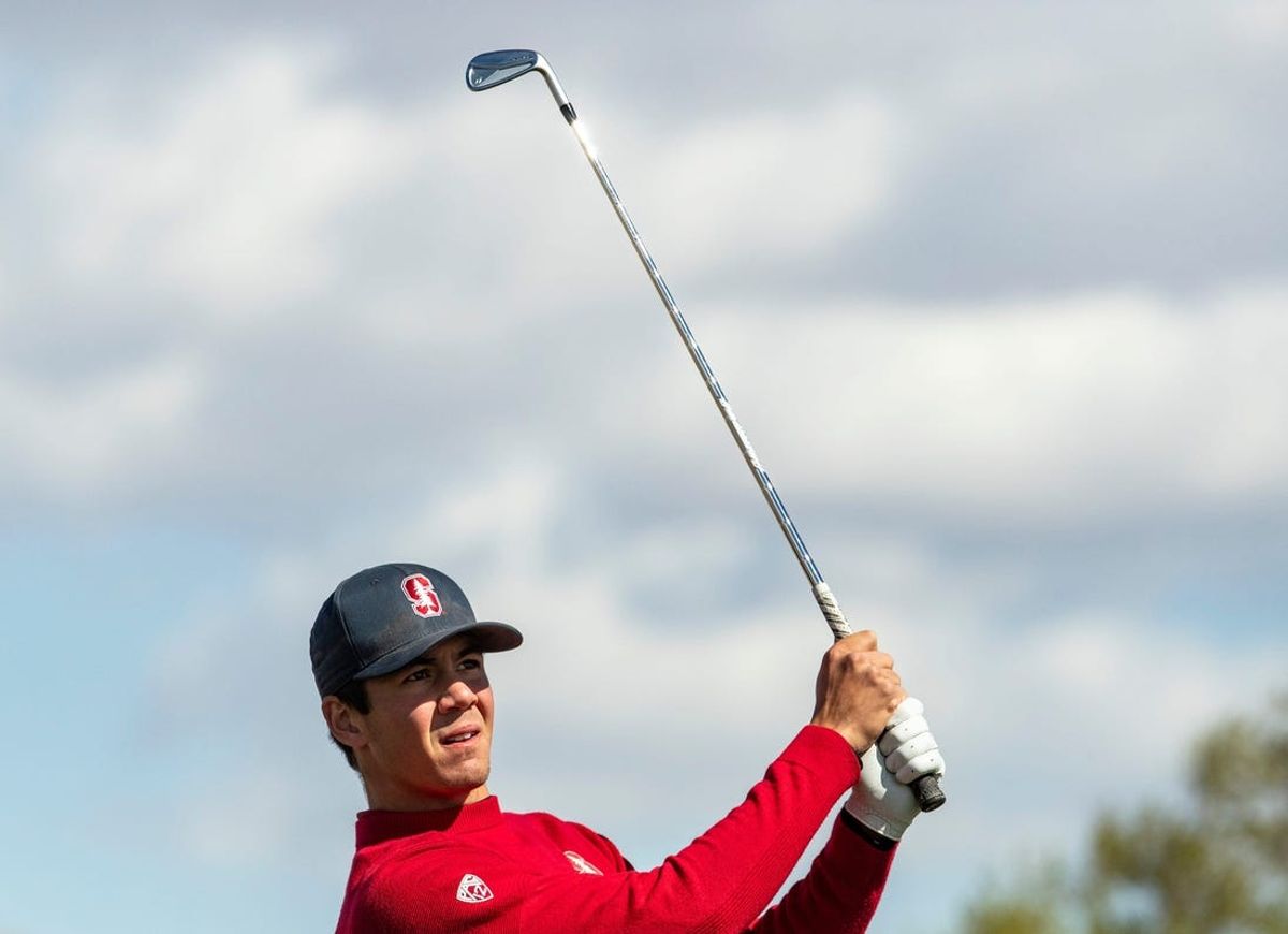 Stanford's Michael Thorbjornsen tees off on hole three during the final round of the Prestige college golf tournament on the Norman Course of PGA West in La Quinta, Calif., Wednesday, Feb. 22, 2023.