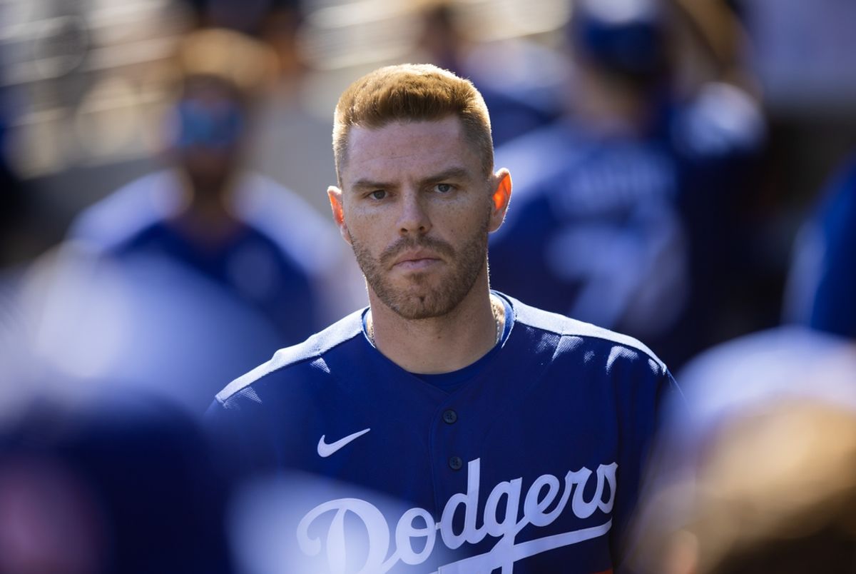 Feb 25, 2023; Phoenix, Arizona, USA; Los Angeles Dodgers first baseman Freddie Freeman against the Milwaukee Brewers during a spring training game at American Family Fields of Phoenix. Mandatory Credit: Mark J. Rebilas-USA TODAY Sports