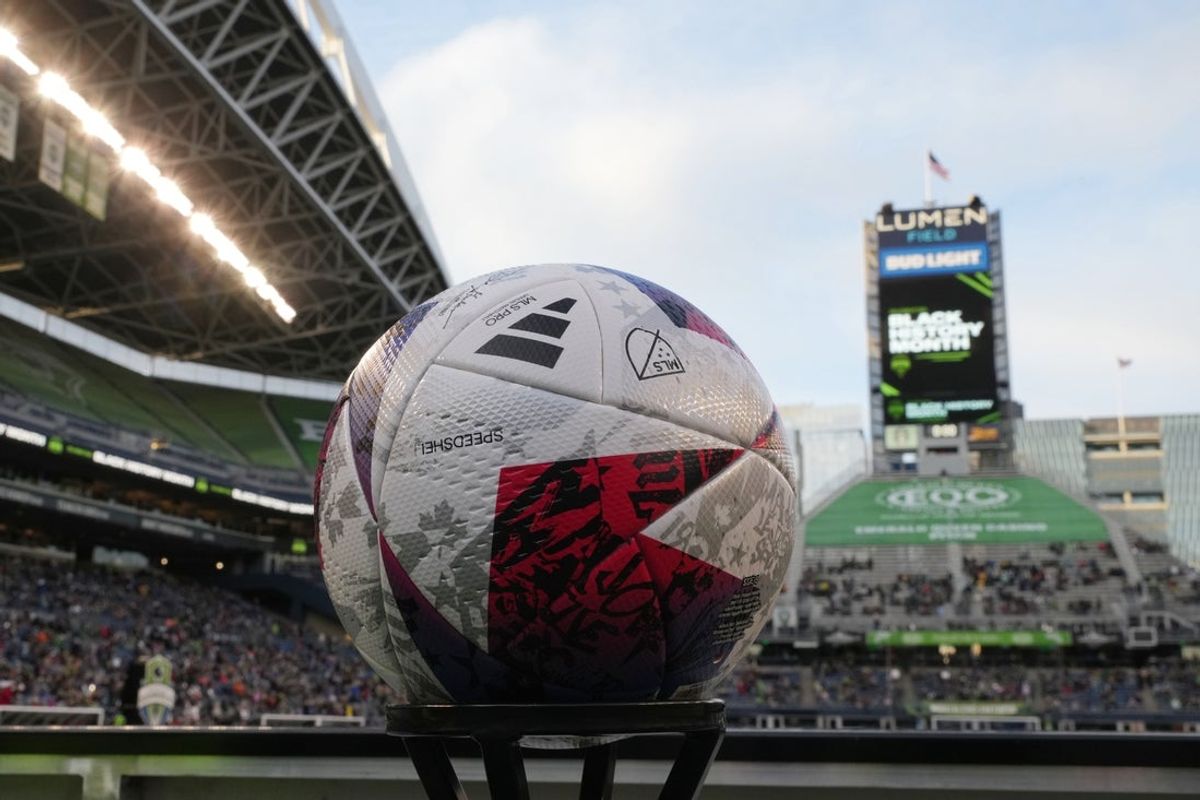 Feb 26, 2023; Seattle, Washington, USA; General view of a game ball before the match between the Seattle Sounders FC and the Colorado Rapids at Lumen Field. Mandatory Credit: Kirby Lee-Imagn Images