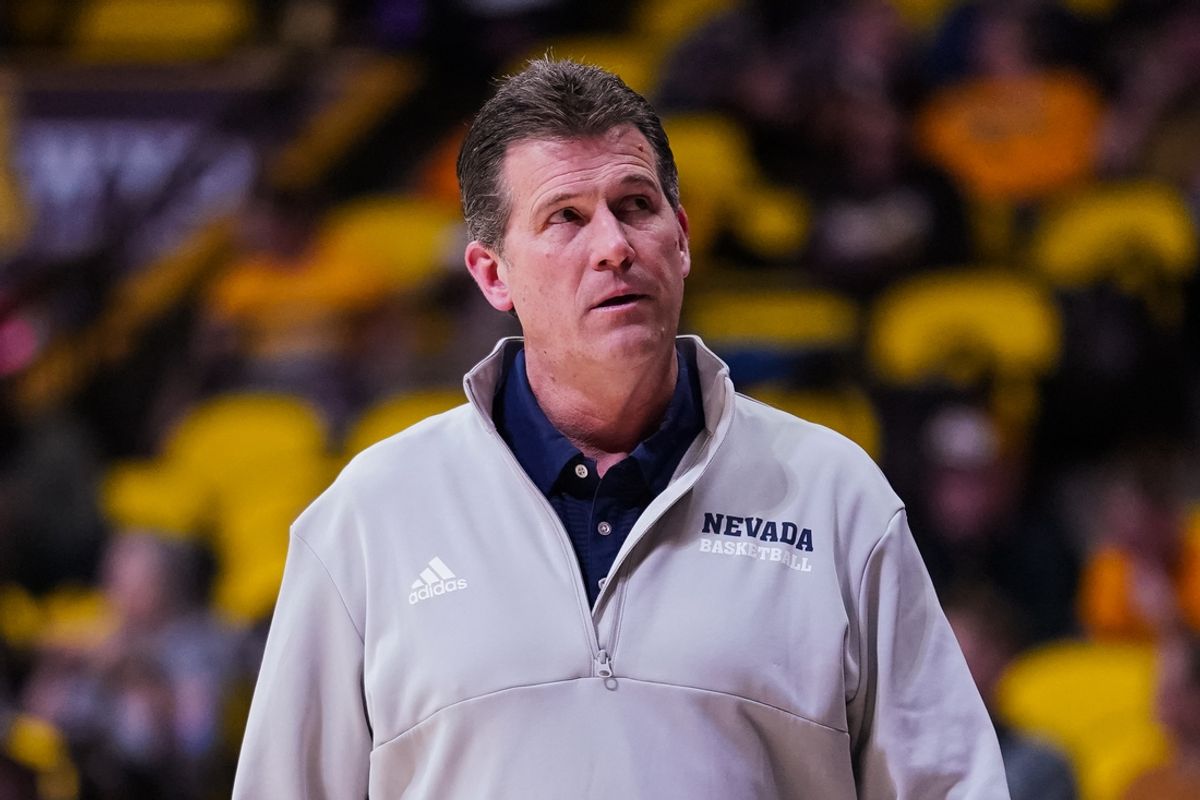 Feb 27, 2023; Laramie, Wyoming, USA; Nevada Wolf Pack head coach Steve Alford reacts against the Wyoming Cowboys during the second half at Arena-Auditorium. Mandatory Credit: Troy Babbitt-Imagn Images