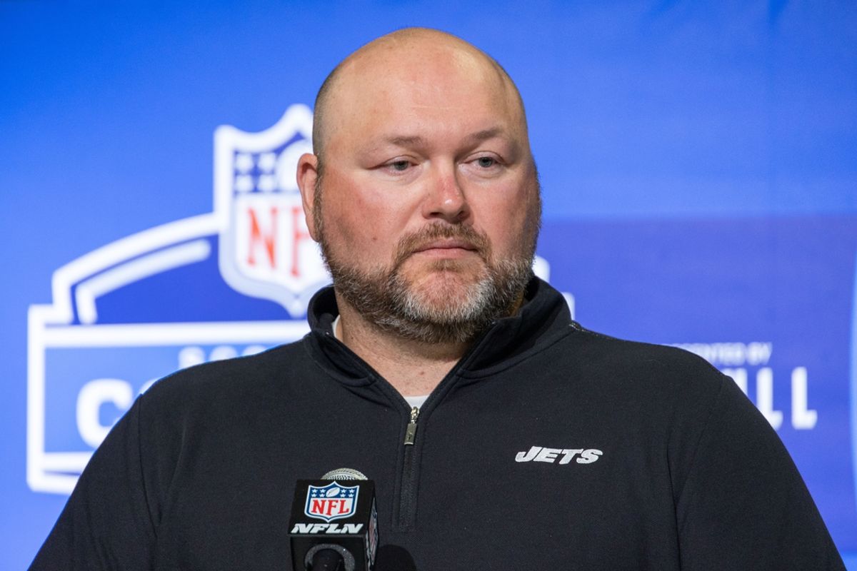 Feb 28, 2023; Indianapolis, IN, USA; New York Jets general manager Joe Douglas speaks to the press at the NFL Combine at Lucas Oil Stadium. Mandatory Credit: Trevor Ruszkowski-Imagn Images