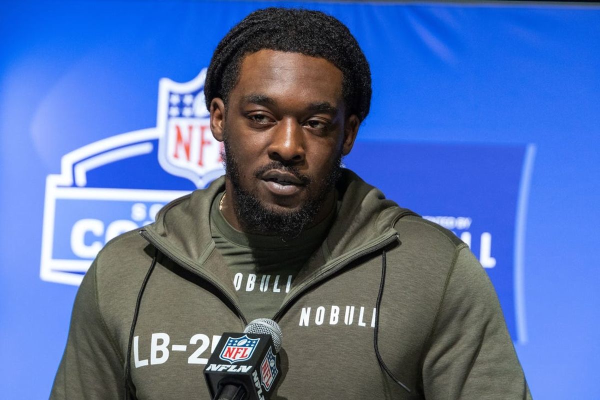 Mar 1, 2023; Indianapolis, IN, USA; Kansas linebacker Lonnie Phelps (LB25) speaks to the press at the NFL Combine at Lucas Oil Stadium. Mandatory Credit: Trevor Ruszkowski-USA TODAY Sports