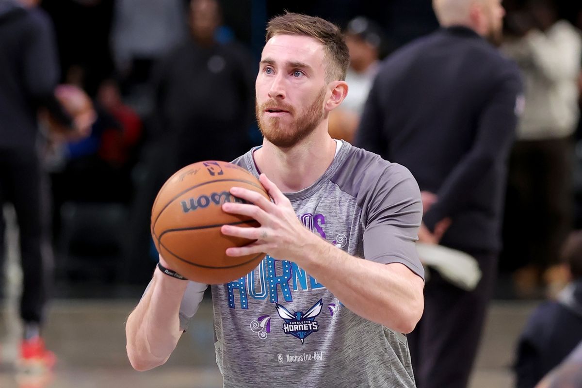 Mar 5, 2023; Brooklyn, New York, USA; Charlotte Hornets forward Gordon Hayward (20) warms up before a game against the Brooklyn Nets at Barclays Center. Mandatory Credit: Brad Penner-USA TODAY Sports