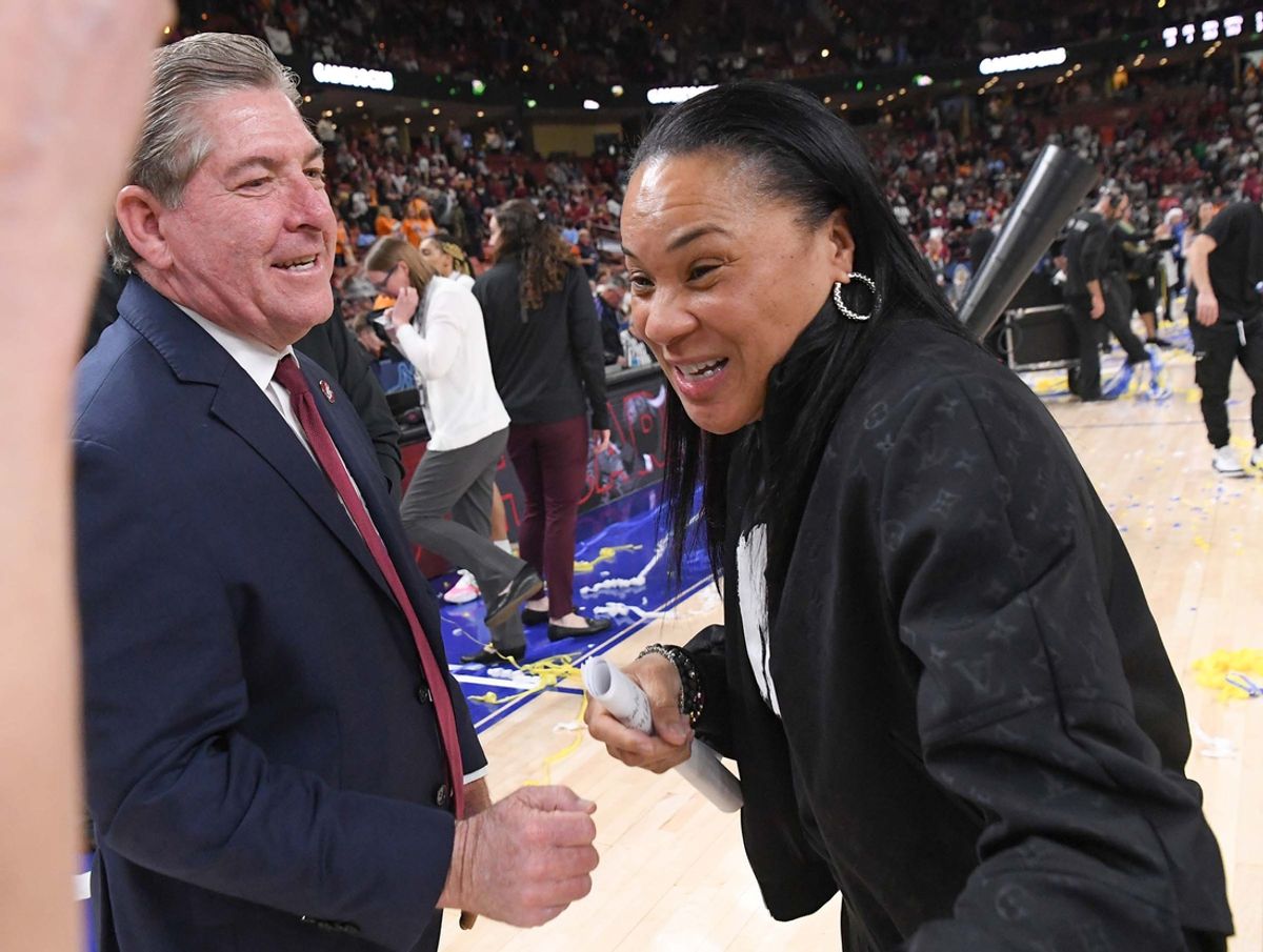 Mar 5, 2023; Greenville, SC, USA; Athletic director Ray Tanner congratulates South Carolina basketball coach Dawn Staley after the SEC Women's Basketball Tournament at Bon Secours Wellness Arena. Mandatory Credit: Ken Ruinard-Imagn Images