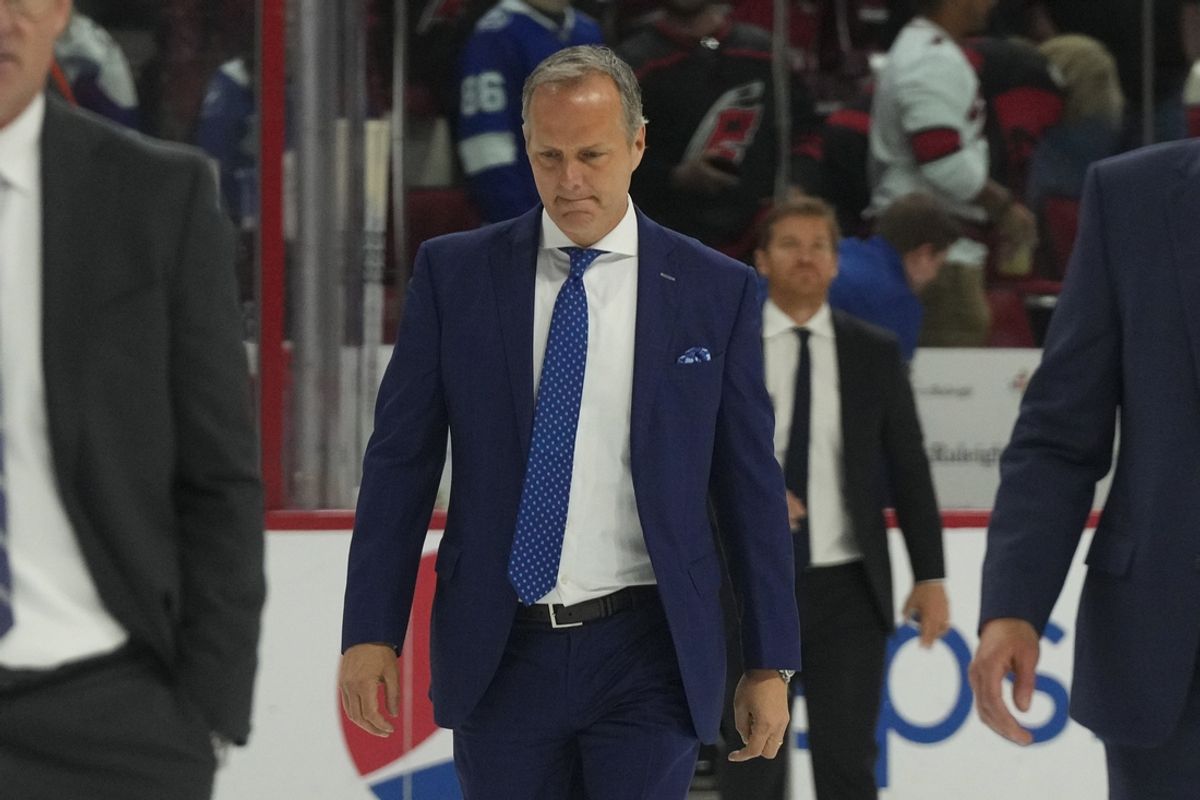 Mar 5, 2023; Raleigh, North Carolina, USA;  Tampa Bay Lightning head coach Jon Cooper comes off the ice after their loss to the Carolina Hurricanes at PNC Arena. Mandatory Credit: James Guillory-Imagn Images
