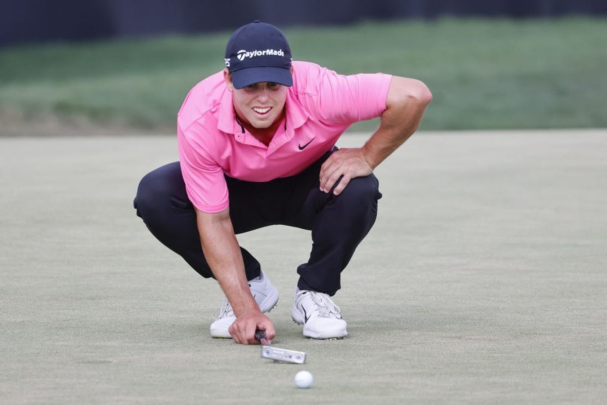 Mar 5, 2023; Orlando, Florida, USA; Pierceson Coody lines up his putt on the 14th green during the final round of the Arnold Palmer Invitational golf tournament. Mandatory Credit: Reinhold Matay-USA TODAY Sports