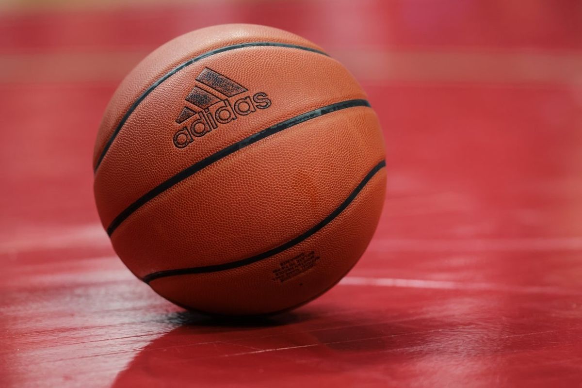 Mar 5, 2023; Piscataway, New Jersey, USA; A view of an adidas game ball on the floor during the second half between the Rutgers Scarlet Knights and the Northwestern Wildcats at Jersey Mike's Arena. Mandatory Credit: Vincent Carchietta-Imagn Images