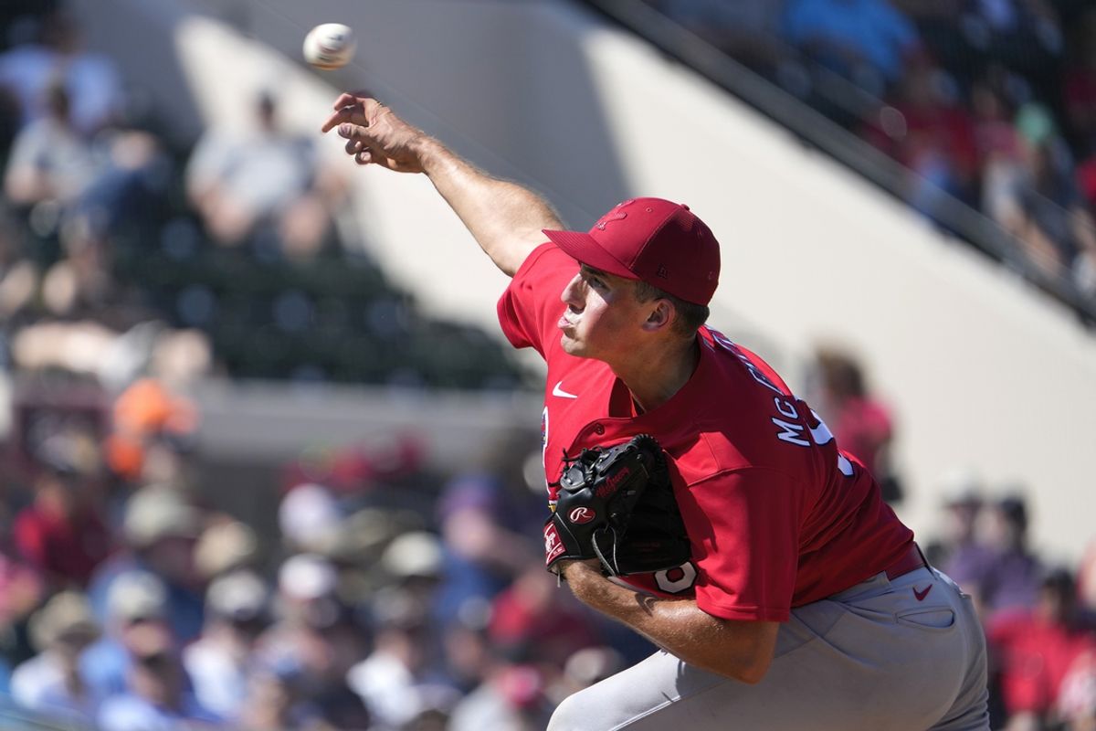 Mar 7, 2023; Lakeland, Florida, USA; St. Louis pitcher Michael McGreevy throws a pitch in the fifth inning at Publix Field at Joker Marchant Stadium. Mandatory Credit: Dave Nelson-USA TODAY Sports