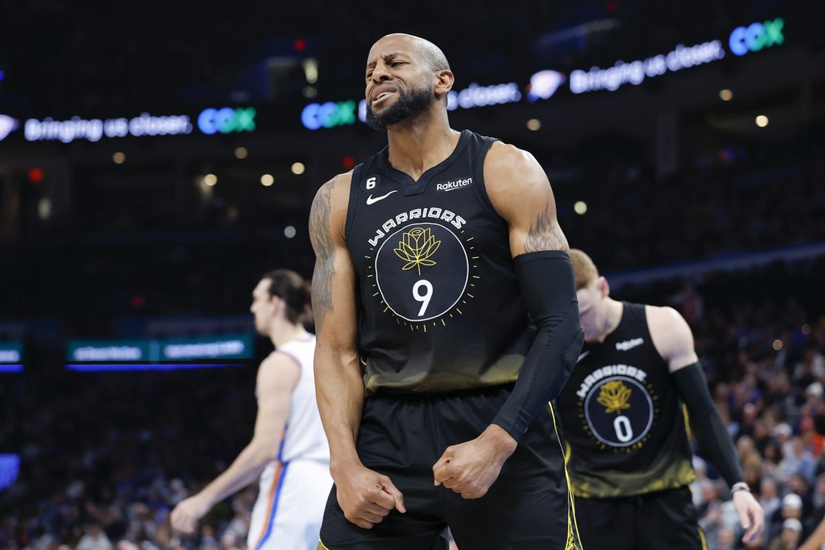 Mar 7, 2023; Oklahoma City, Oklahoma, USA; Golden State Warriors forward Andre Iguodala (9) reacts after a play against the Oklahoma City Thunder during the second half at Paycom Center. Oklahoma City won 137-128. Mandatory Credit: Alonzo Adams-Imagn Images