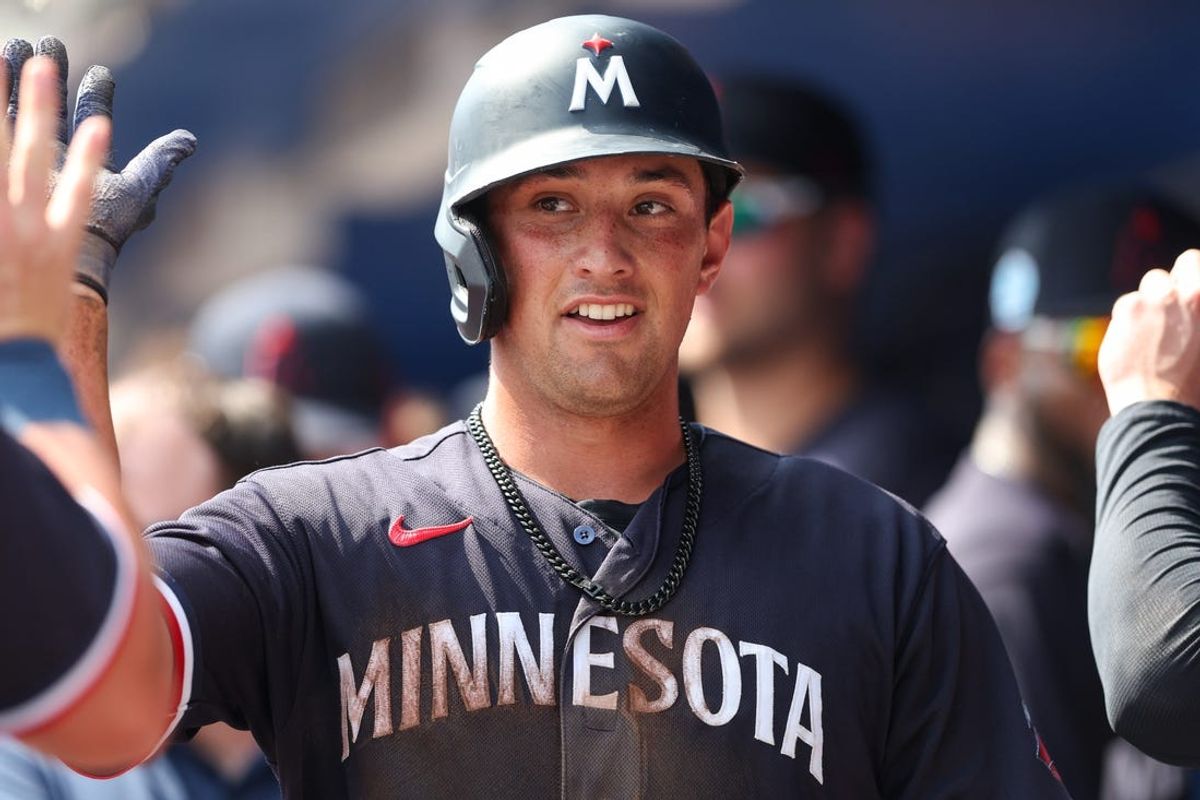 Mar 8, 2023; Dunedin, Florida, USA;  Minnesota Twins shortstop Brooks Lee (72) reacts after scoring a run against the Toronto Blue Jays in the fifth inning during spring training at TD Ballpark. Mandatory Credit: Nathan Ray Seebeck-USA TODAY Sports