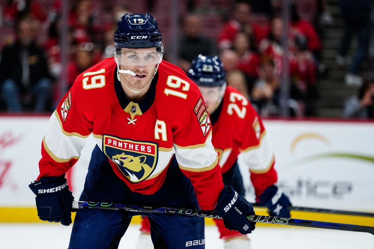 Mar 10, 2023; Sunrise, Florida, USA; Florida Panthers left wing Matthew Tkachuk (19) watches a face-off against the Chicago Blackhawks at FLA Live Arena. Mandatory Credit: Rich Storry-Imagn Images