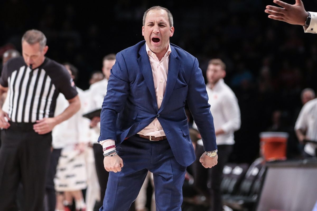Mar 11, 2023; Brooklyn, NY, USA;  Fordham Rams head coach Keith Urgo reacts after a call in the second half against the Dayton Flyers at Barclays Center. Mandatory Credit: Wendell Cruz-Imagn Images