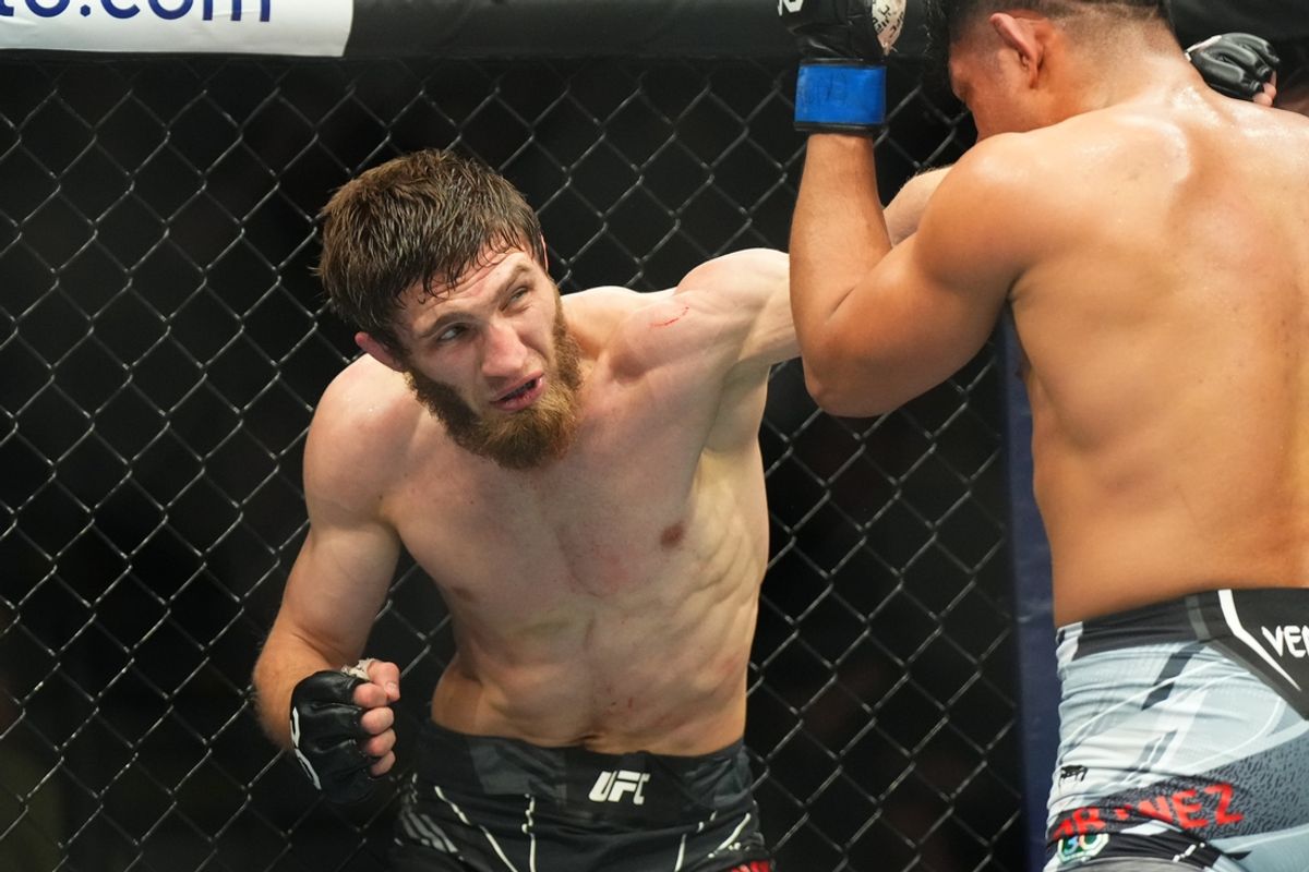 Mar 11, 2023; Las Vegas, Nevada, USA; Said Nurmagomedov (red gloves) fights Jonathan Martinez (blue gloves) during UFC Fight Night at Virgin Hotel. Mandatory Credit: Ron Chenoy-Imagn Images