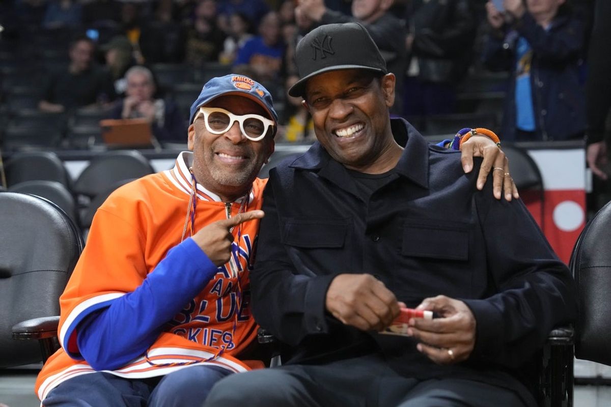 Mar 12, 2023; Los Angeles, California, USA; Spike Lee (left) and Denzel Washington attend the game between the Los Angeles Lakers and the New York Knicks at Crypto.com Arena. Mandatory Credit: Kirby Lee-Imagn Images