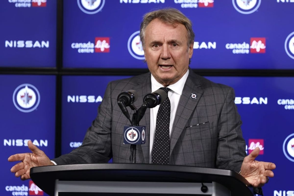 Oct 19, 2023; Winnipeg, Manitoba, CAN; Winnipeg Jets head coach Rick Bowness talks to the media after a game against the Vegas Golden Knights at Canada Life Centre.
