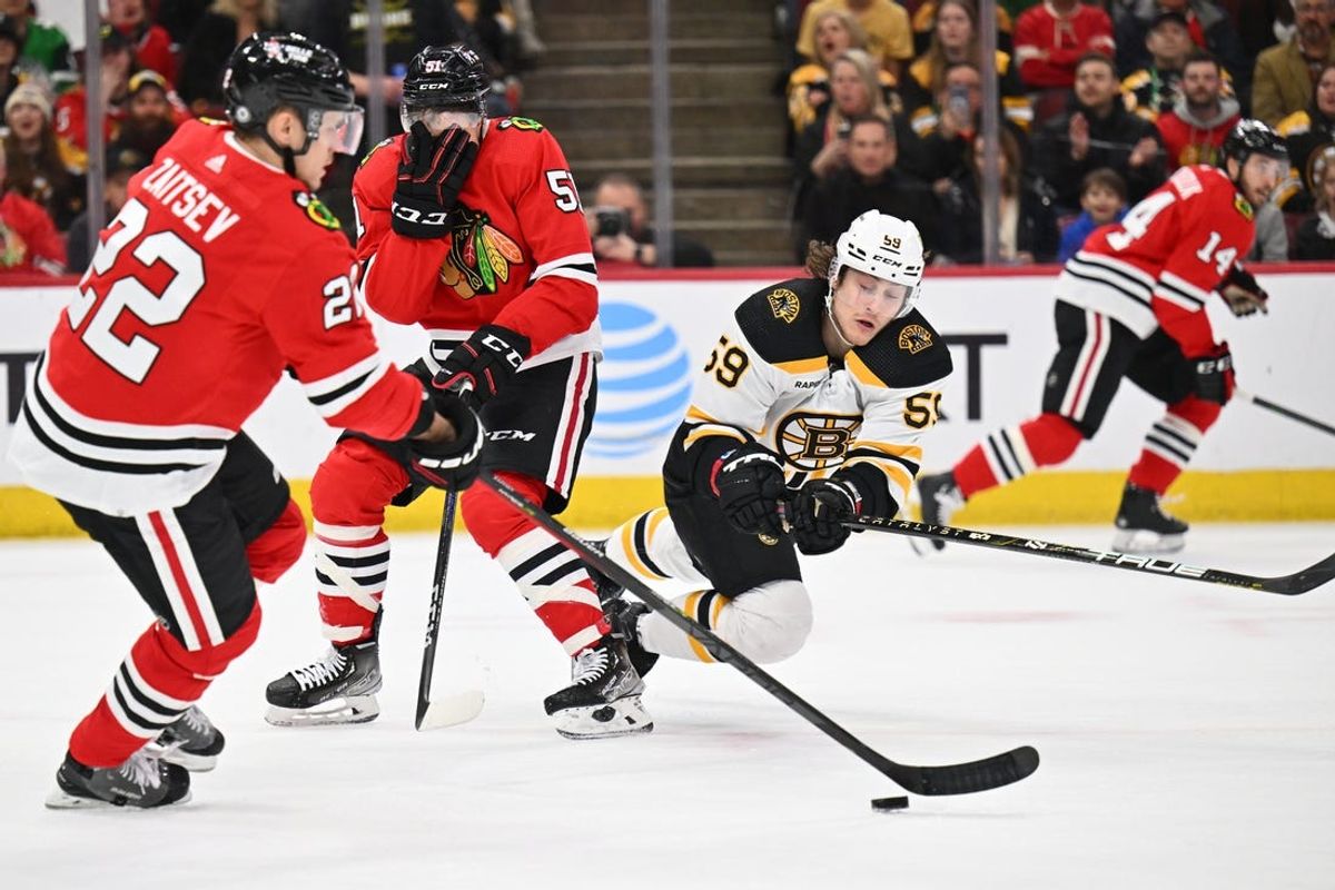 (File photo) Tyler Bertuzzi (59) dives for the puck as Chicago Blackhawks defenseman Nikita Zaitsev (22) starts skating up ice in the second period at United Center. Mandatory Credit: Jamie Sabau-USA TODAY Sports