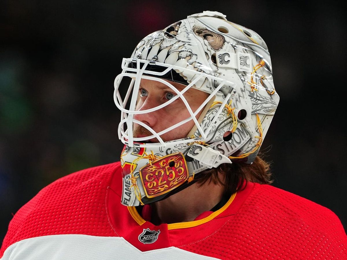 Mar 16, 2023; Las Vegas, Nevada, USA; Calgary Flames goaltender Jacob Markstrom (25) warms up before a game against the Vegas Golden Knights at T-Mobile Arena. Mandatory Credit: Stephen R. Sylvanie-USA TODAY Sports