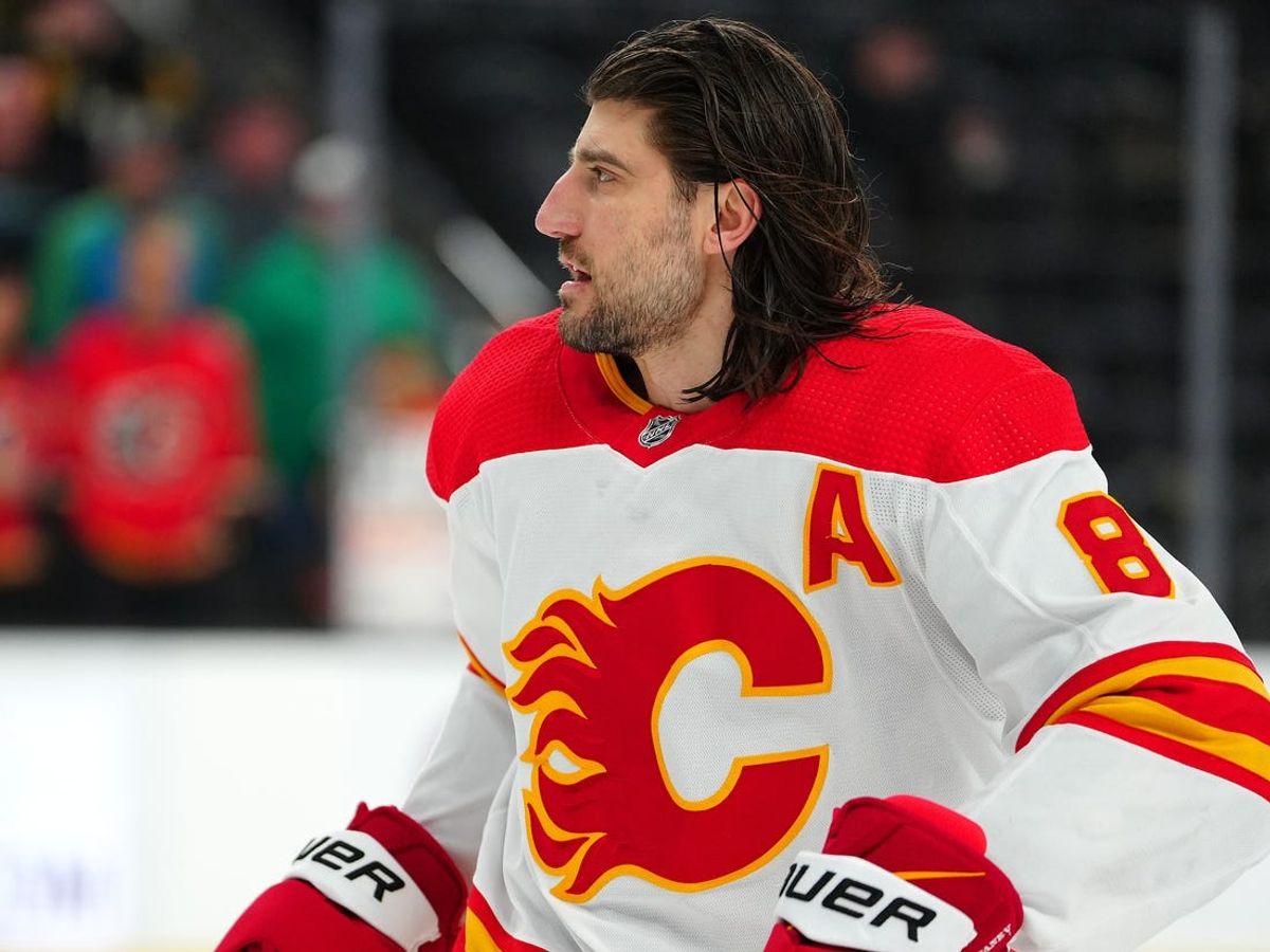Mar 16, 2023; Las Vegas, Nevada, USA; Calgary Flames defenseman Chris Tanev (8) warms up before a game against the Vegas Golden Knights at T-Mobile Arena. Mandatory Credit: Stephen R. Sylvanie-USA TODAY Sports