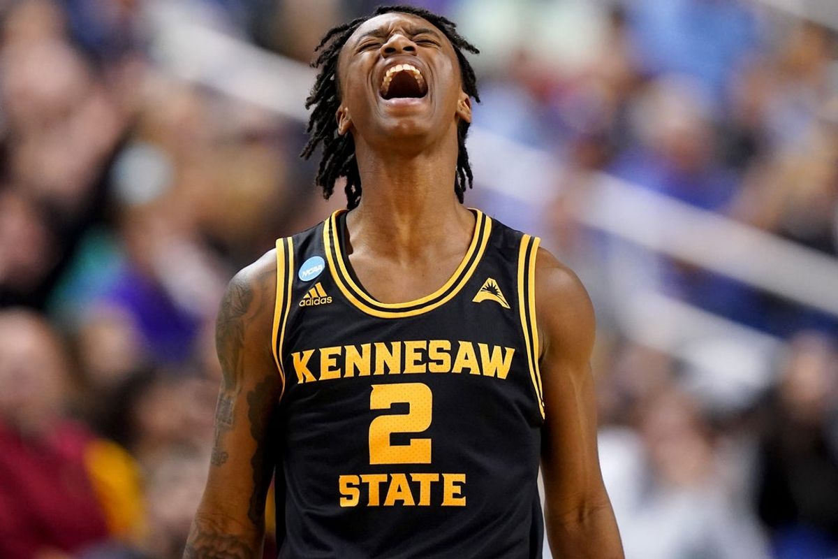 Kennesaw State Owls guard Simeon Cottle (2) reacts to a made shot in the first half of a first-round college basketball game between the Kennesaw State Owls and the Xavier Musketeers in the NCAA Tournament, Friday, March 17, 2023, at Greensboro Coliseum in Greensboro, N.C. The Xavier Musketeers won, 72-67.

Ncaa Xavier Kennesaw State Basketball March 17 0267