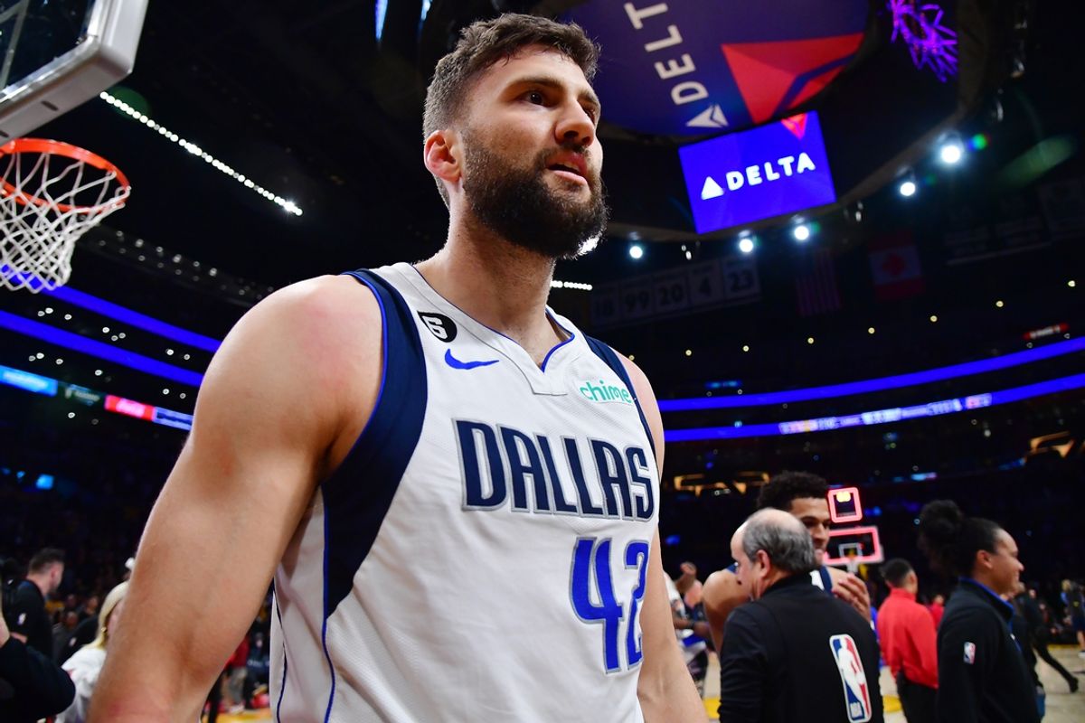 Mar 17, 2023; Los Angeles, California, USA; Dallas Mavericks forward Maxi Kleber (42) reacts after scoring a three point basket for the game victory against the Los Angeles Lakers  at Crypto.com Arena. Mandatory Credit: Gary A. Vasquez-Imagn Images