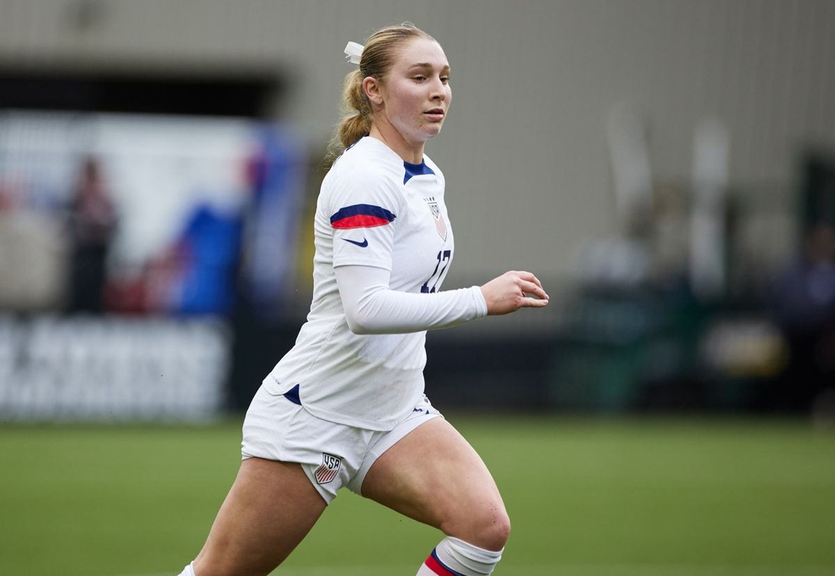 Mar 12, 2023; Portland, Oregon, USA; Under-23 Women's National Team forward Sarah Weber (17) runs during a match at Providence Park. Mandatory Credit: Craig Mitchelldyer-Imagn Images