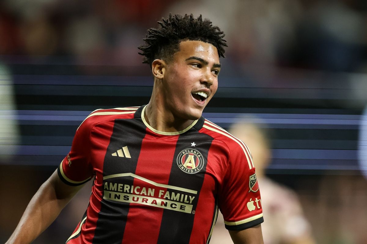 Mar 18, 2023; Atlanta, Georgia, USA; Atlanta United defender Caleb Wiley (26) reacts after scoring a goal during the first half against the Portland Timbers at Mercedes-Benz Stadium. Mandatory Credit: Brett Davis-USA TODAY Sports