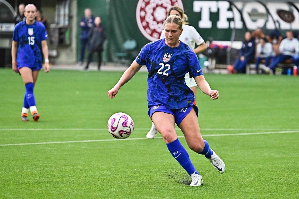 Mar 18, 2023; Portland, Oregon, USA; Under-23 Women's National Team midfielder Annie Karich (22) controls the ball against Racing Louisville at Providence Park. Mandatory Credit: Troy Wayrynen-Imagn Images