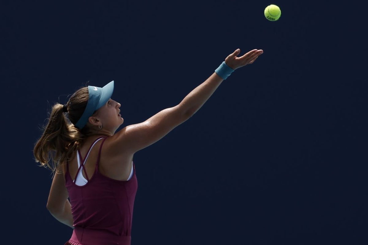 Mar 21, 2023; Miami, Florida, US; Victoria Jimenez Kasintseva (ROU) serves against Anna Kalinskaya (not pictured) on day two of the Miami Open at Hard Rock Stadium. Mandatory Credit: Geoff Burke-Imagn Images
