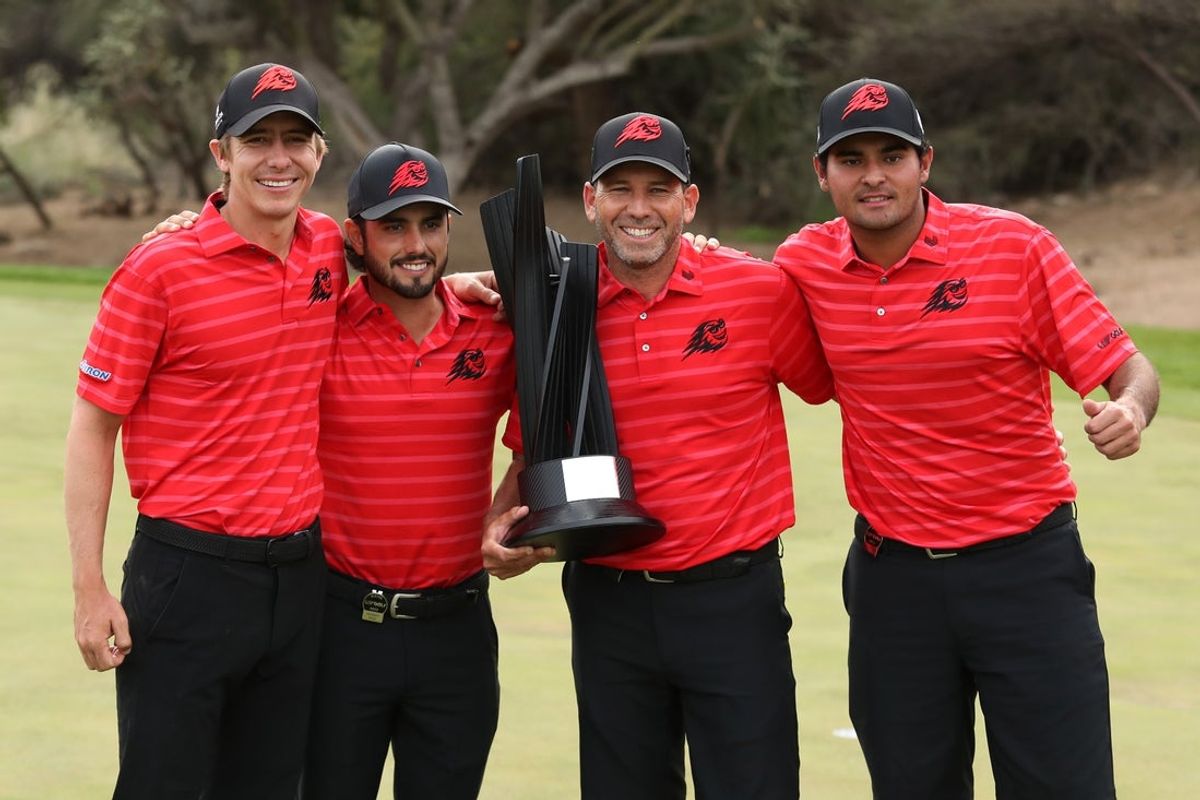 Mar 19, 2023; Tucson, Arizona, USA; Carlos Ortiz, Abraham Ancer, Sergio Garcia, Eugenio Chacarra pose with the team tournament trophy after the final round of the LIV Golf event at The Gallery Golf Club. Mandatory Credit: Zachary BonDurant-Imagn Images