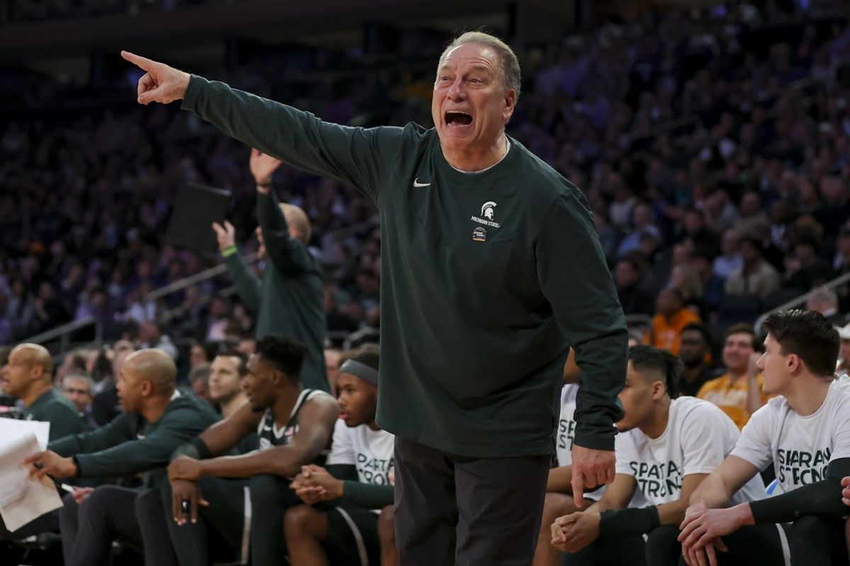 Michigan State Spartans head coach Tom Izzo reacts from the sideline in the game against the Kansas State Wildcats in the second half at Madison Square Garden. Mandatory Credit: Brad Penner-Imagn Images