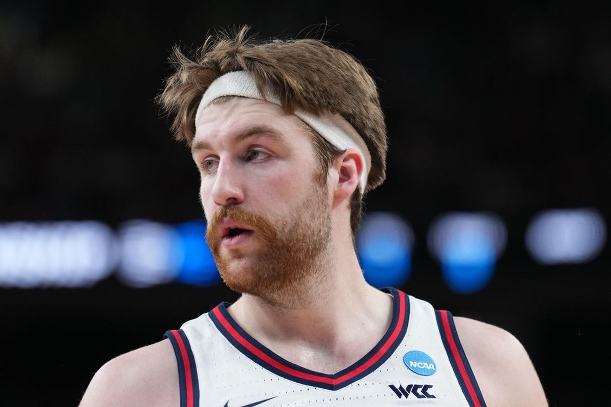 Mar 25, 2023; Las Vegas, NV, USA; Gonzaga Bulldogs forward Drew Timme (2) during the first half against the Connecticut Huskies for the NCAA tournament West Regional final at T-Mobile Arena. Mandatory Credit: Joe Camporeale-Imagn Images